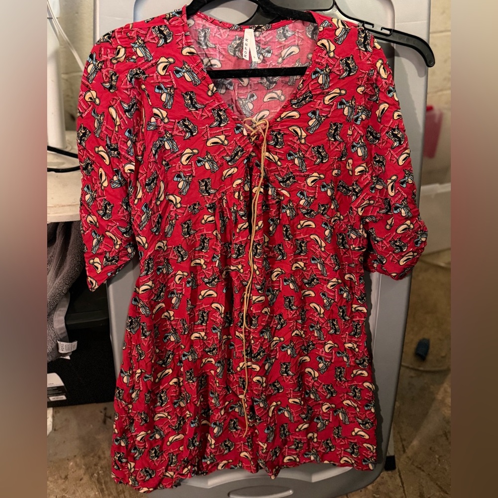 Roper Red Mini Dress with cowboy boots and hat print